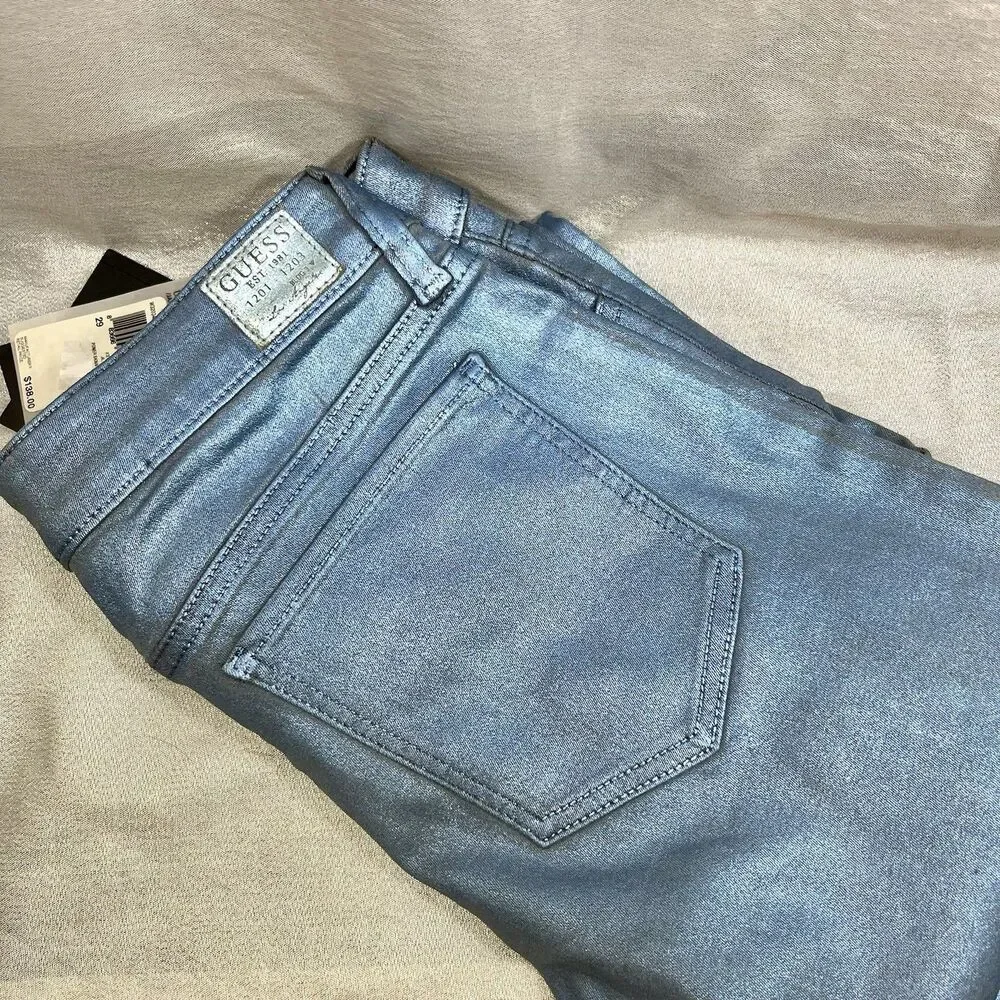 GUESS JEANS Women's Power Skinny Metallic Ice Blue Retail $138 Tags Attached
